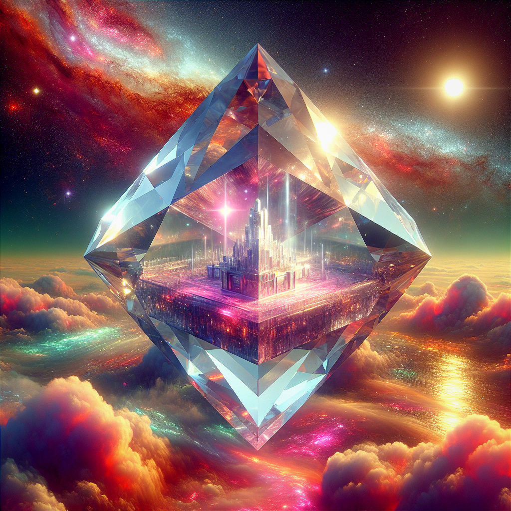 Crystalline Structure Above Colorful Clouds and Galaxies