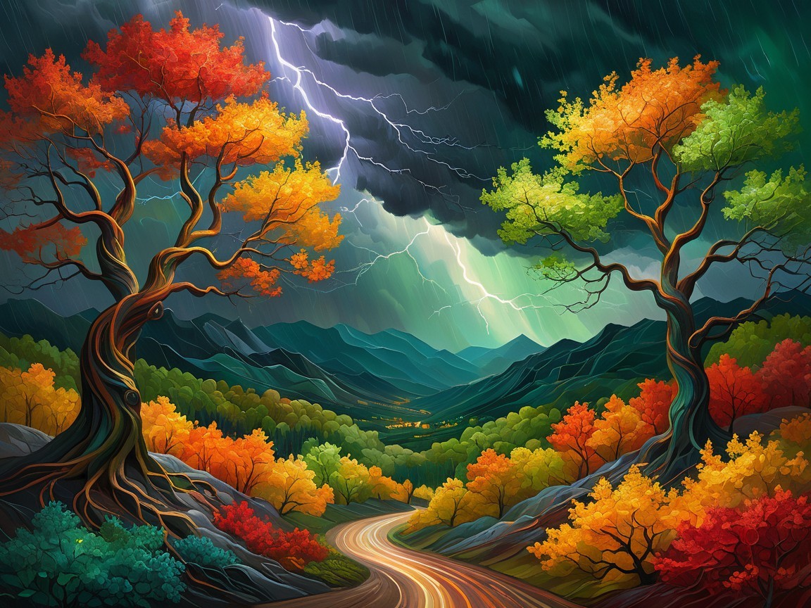 Vibrant landscape with trees and stormy sky elements