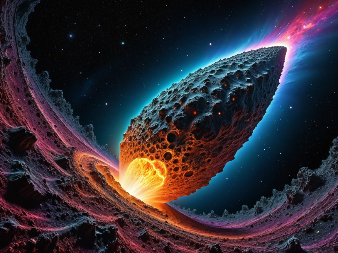 Dramatic Cosmic Scene with Fiery Asteroid in Space