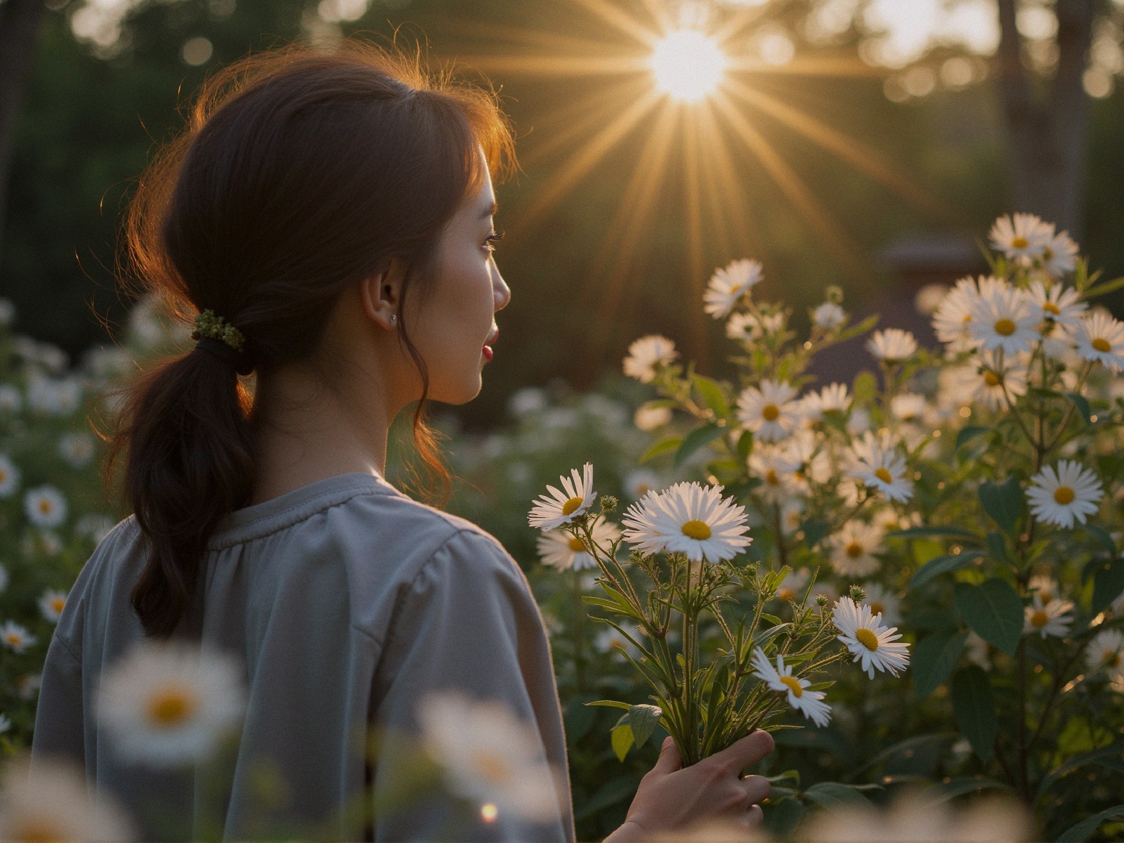 Woman in a field of daisies with a flower bouquet