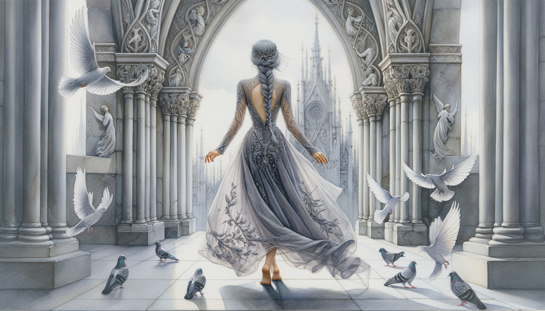 Mysterious Figure in Sheer Gray Gown with Doves