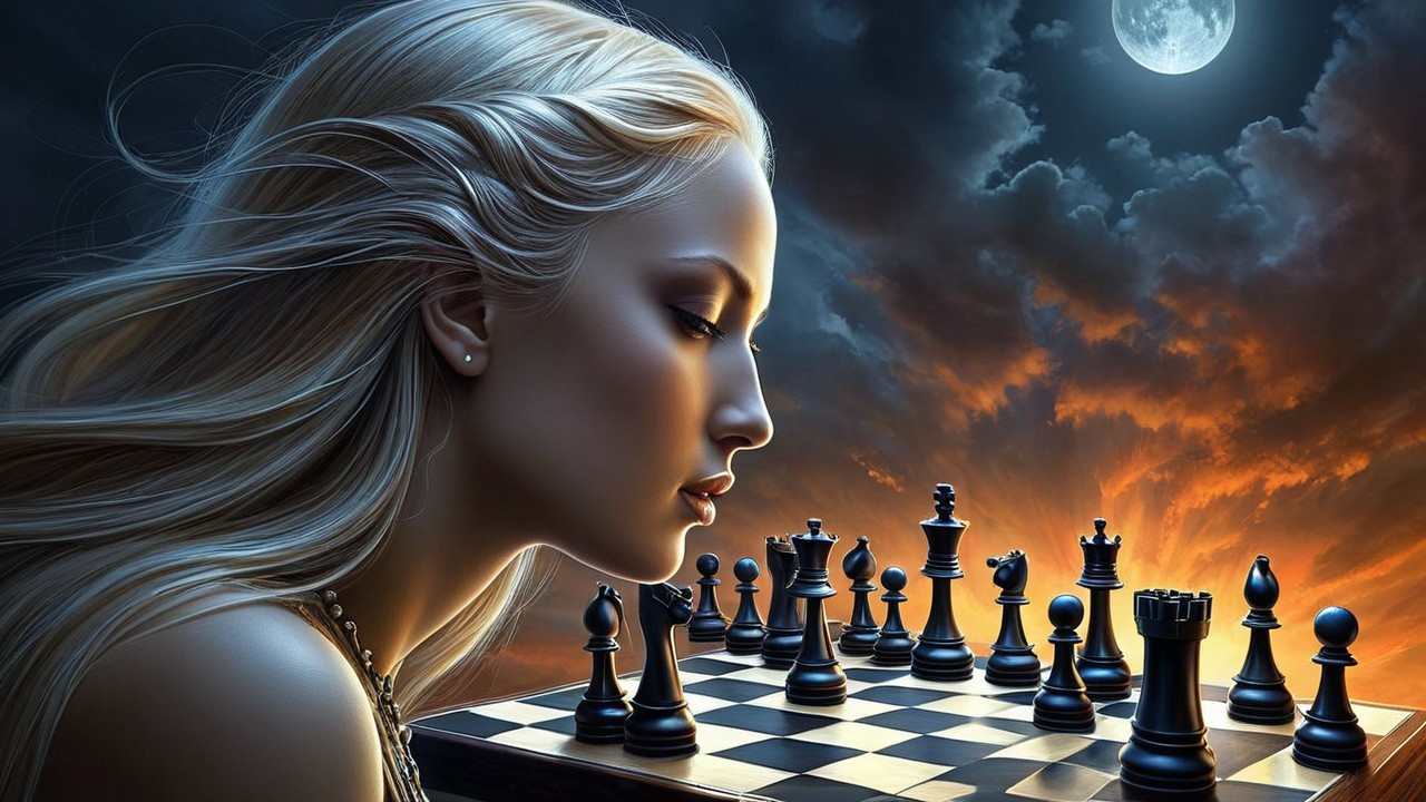 Woman Contemplating Chessboard at Twilight Scene