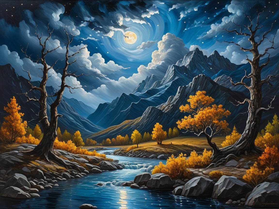 Moonlit Landscape with Mountains and Autumn Foliage