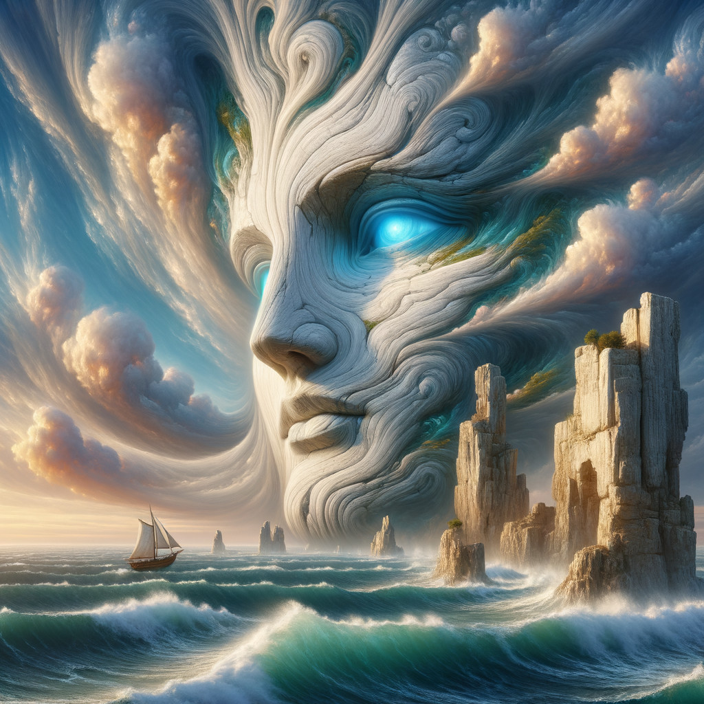 Colossal Face in Ethereal Landscape with Sailboat
