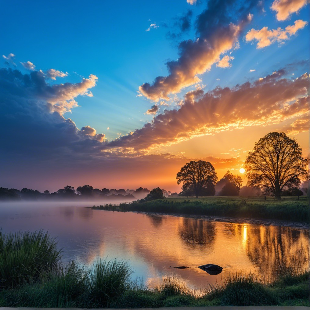Serene Sunset Landscape with River and Silhouetted Trees
