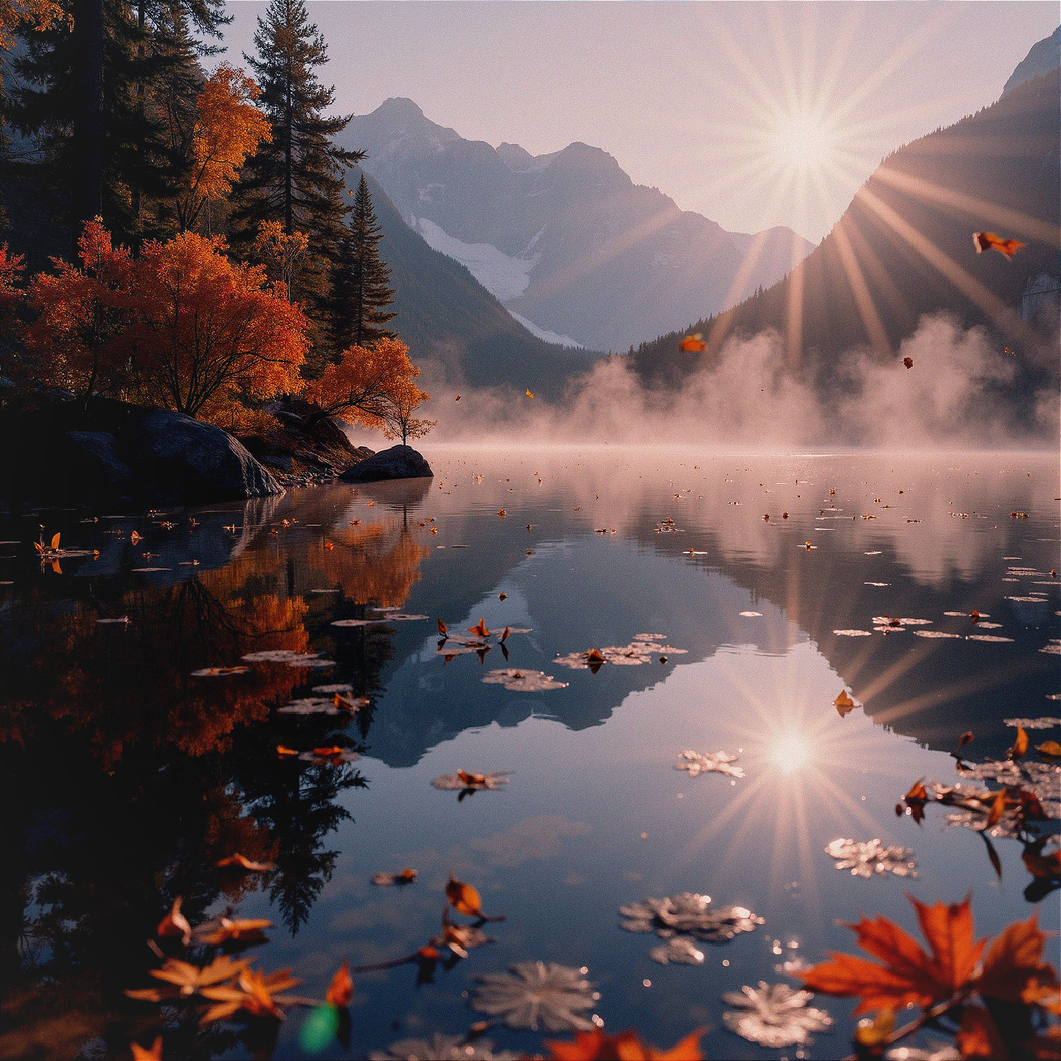 Autumn Lake Landscape with Vibrant Foliage and Mountains