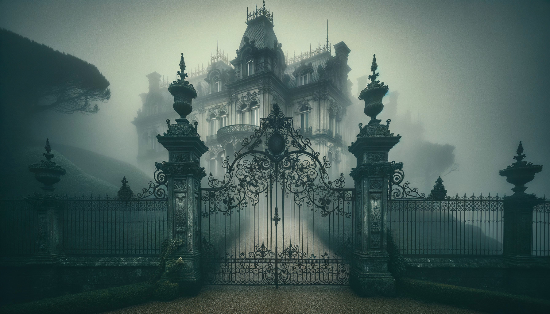 Eerie Mansion Surrounded by Fog and Overgrown Path