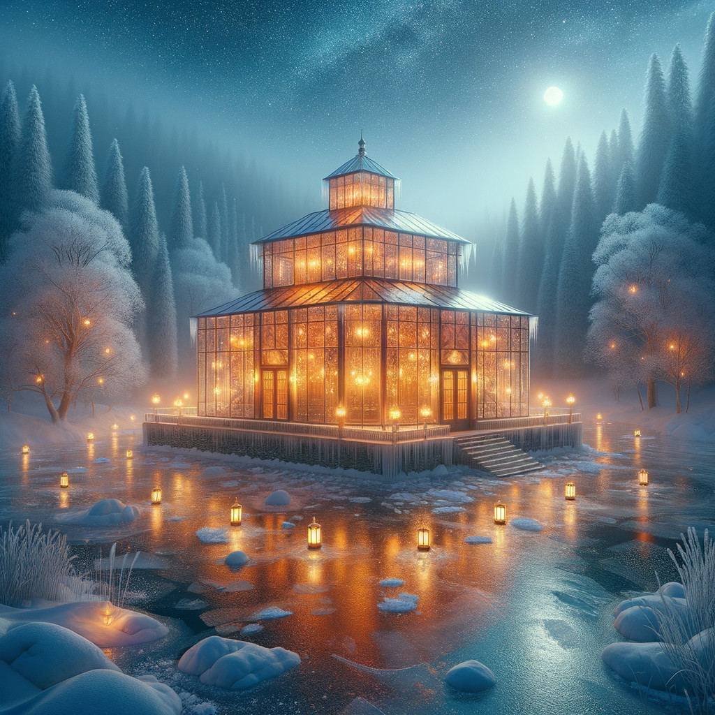 Glass Greenhouse in Snowy Landscape at Night