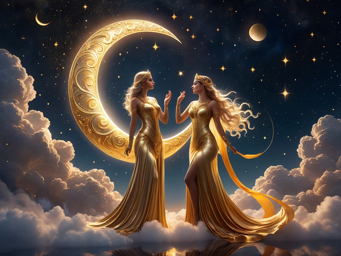 Ethereal Figures in Golden Gowns Under Starry Sky