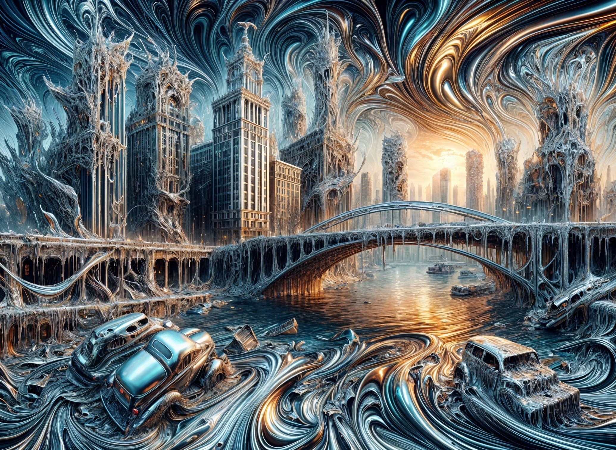 Ethereal Cityscape with Organic Patterns and Sunset Glow