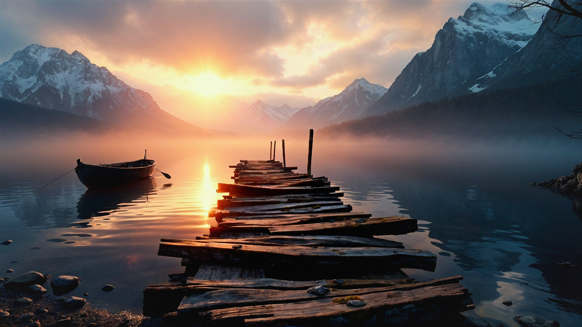 Serene lake at sunrise with mountains and pier