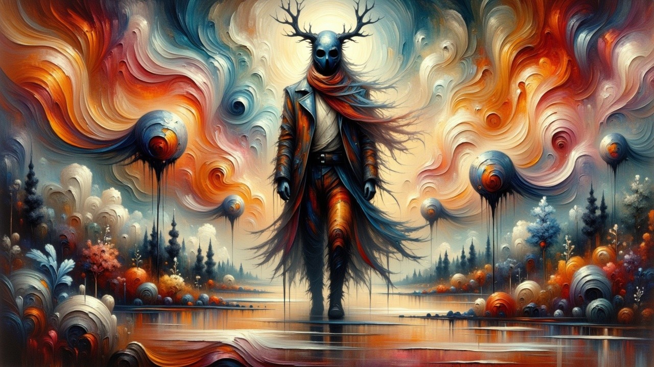 Mysterious Figure in Vibrant Abstract Landscape
