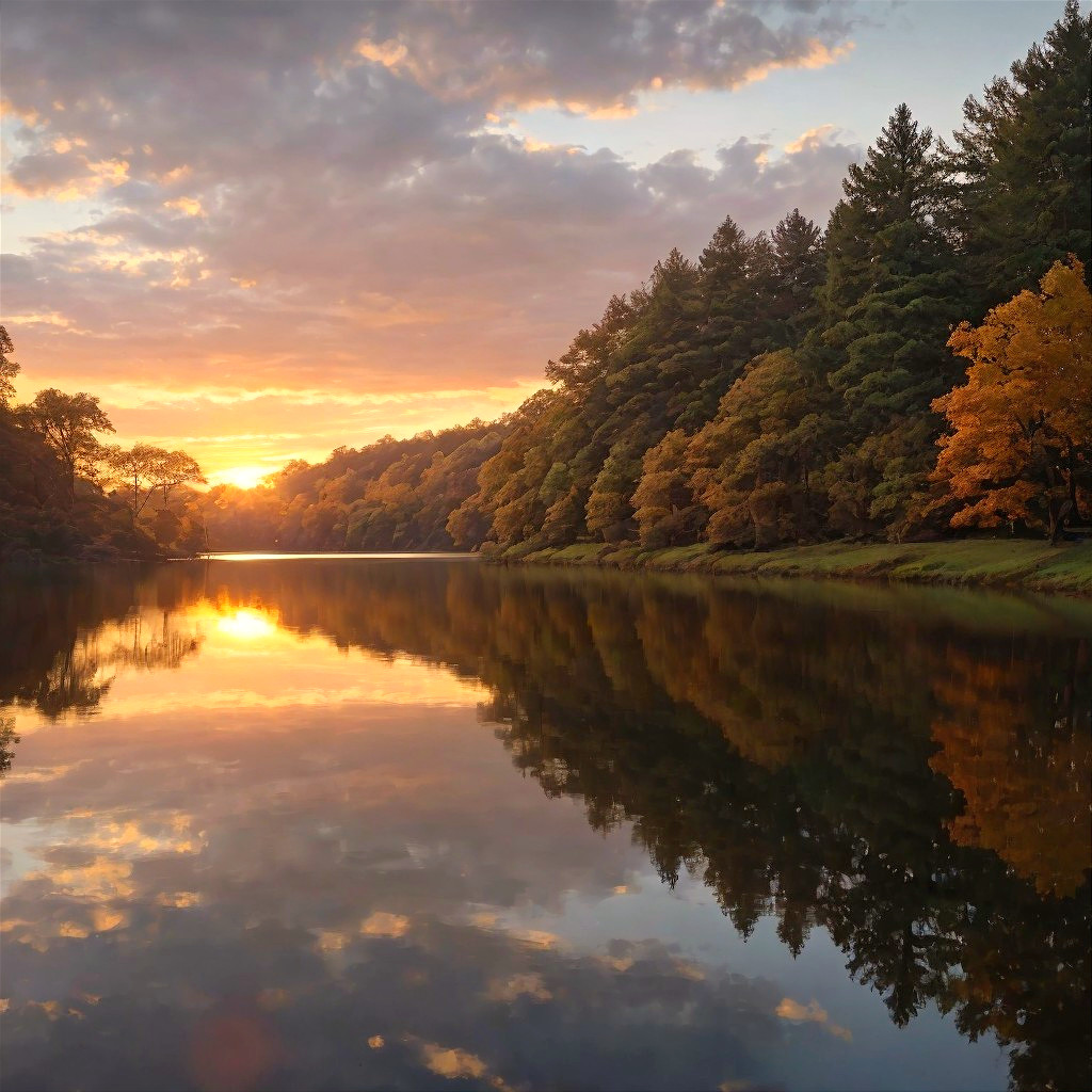 Tranquil River Sunset with Vibrant Autumn Colors