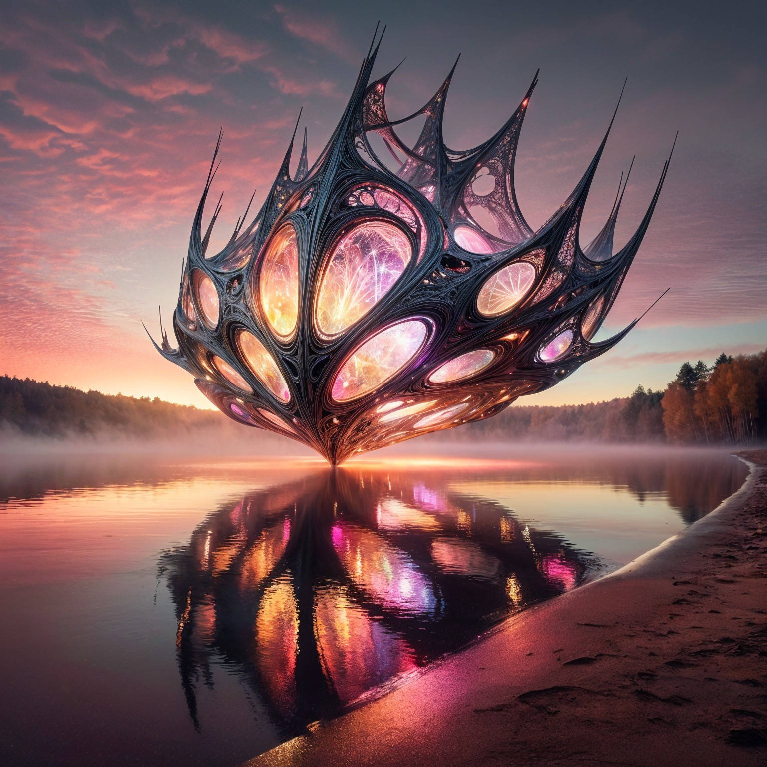 Surreal Structure Above Tranquil Lake at Sunset