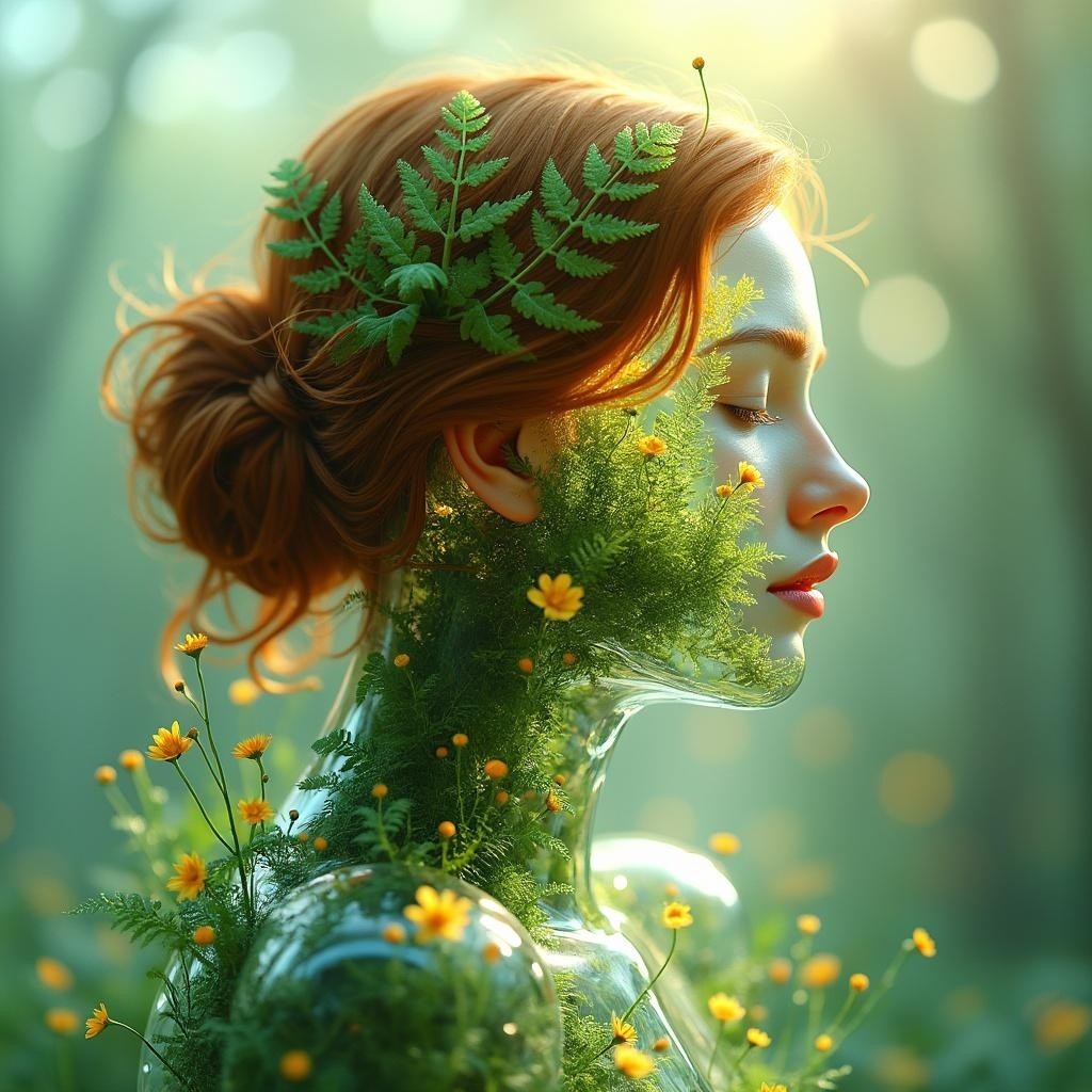 Serene Figure in Lush Forest with Nature Elements