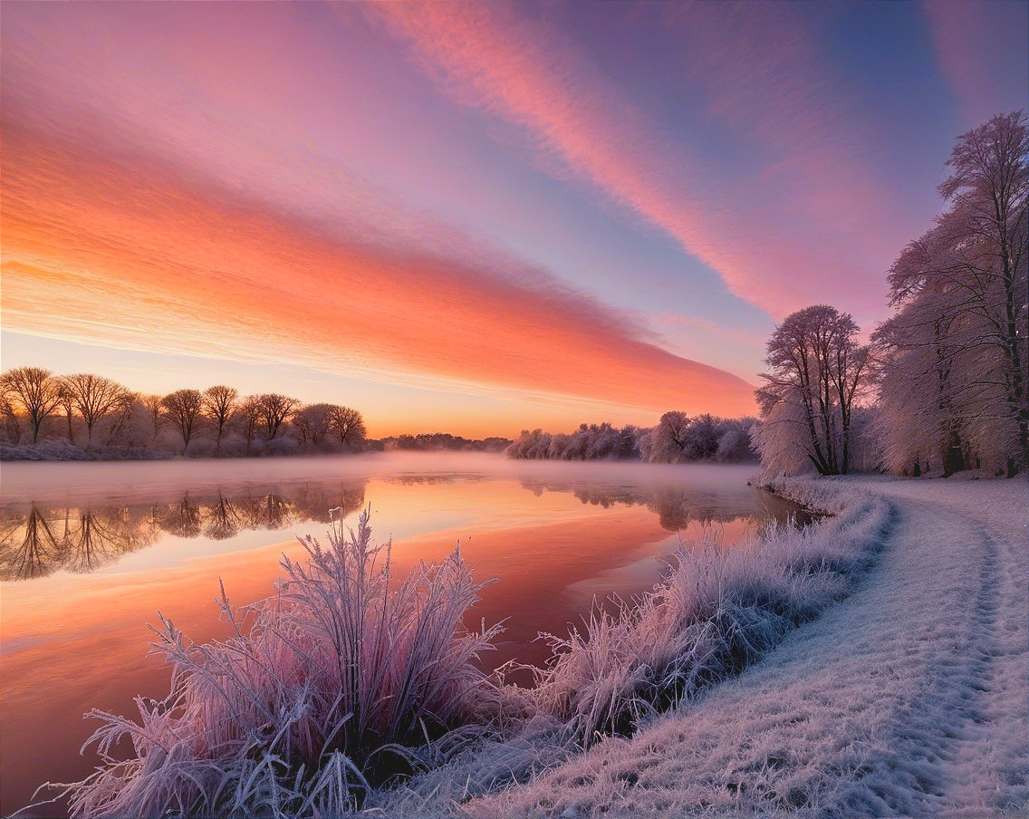 Serene Winter Landscape with Reflective River at Dawn