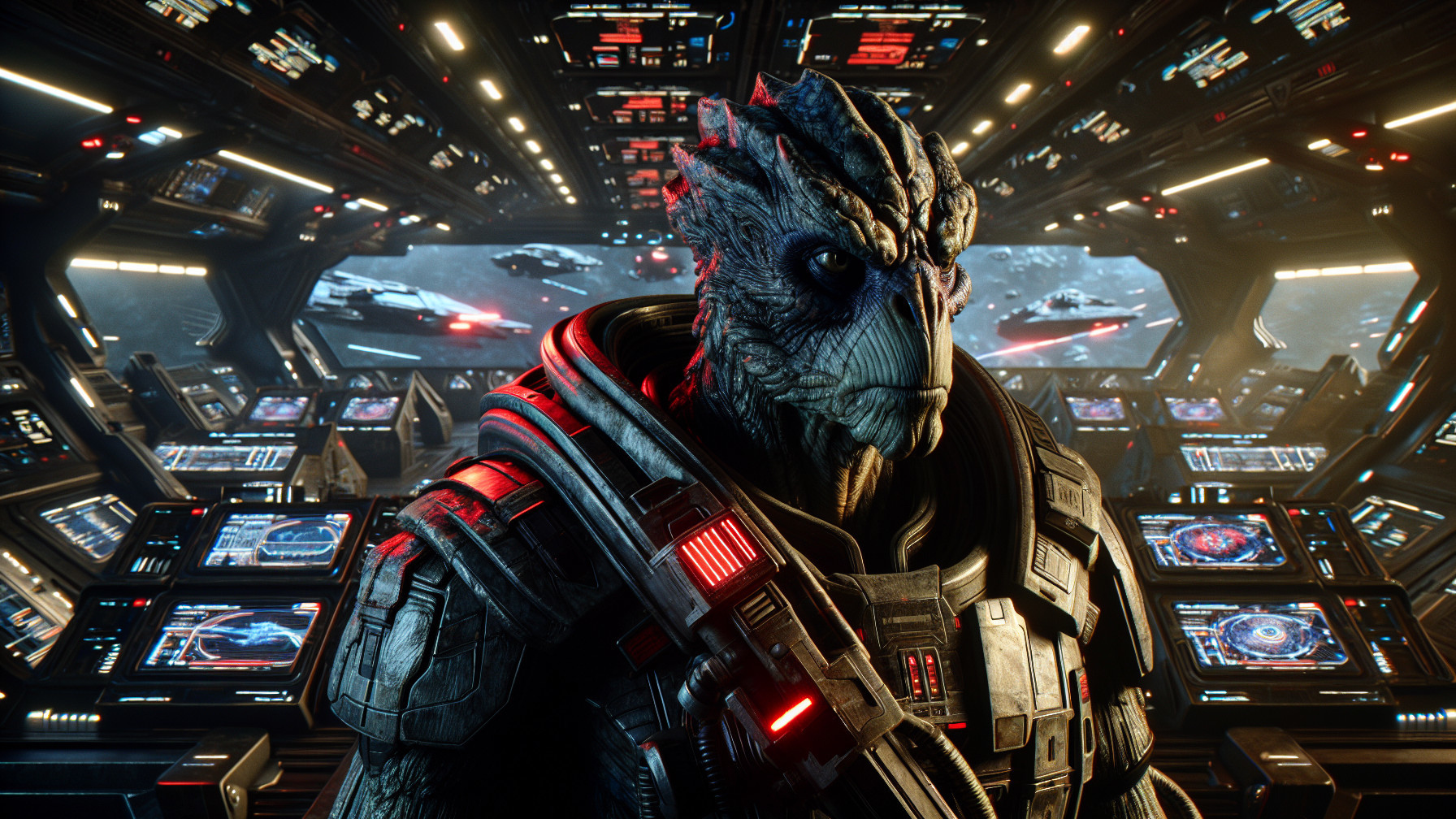 Futuristic Alien Character on High-Tech Spaceship Bridge