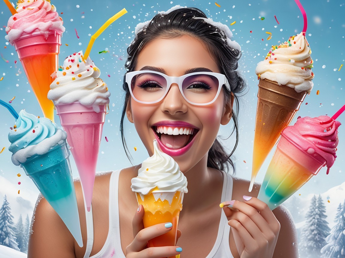 Cheerful woman with ice cream cones in winter setting