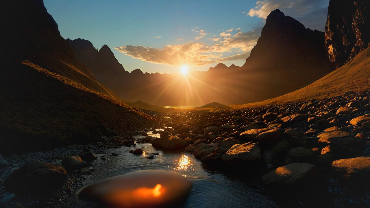 Sunrise Landscape with Mountains and Gentle Stream
