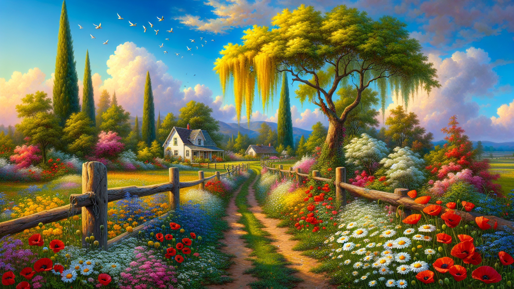 Countryside Scene with Wildflowers and Cottage
