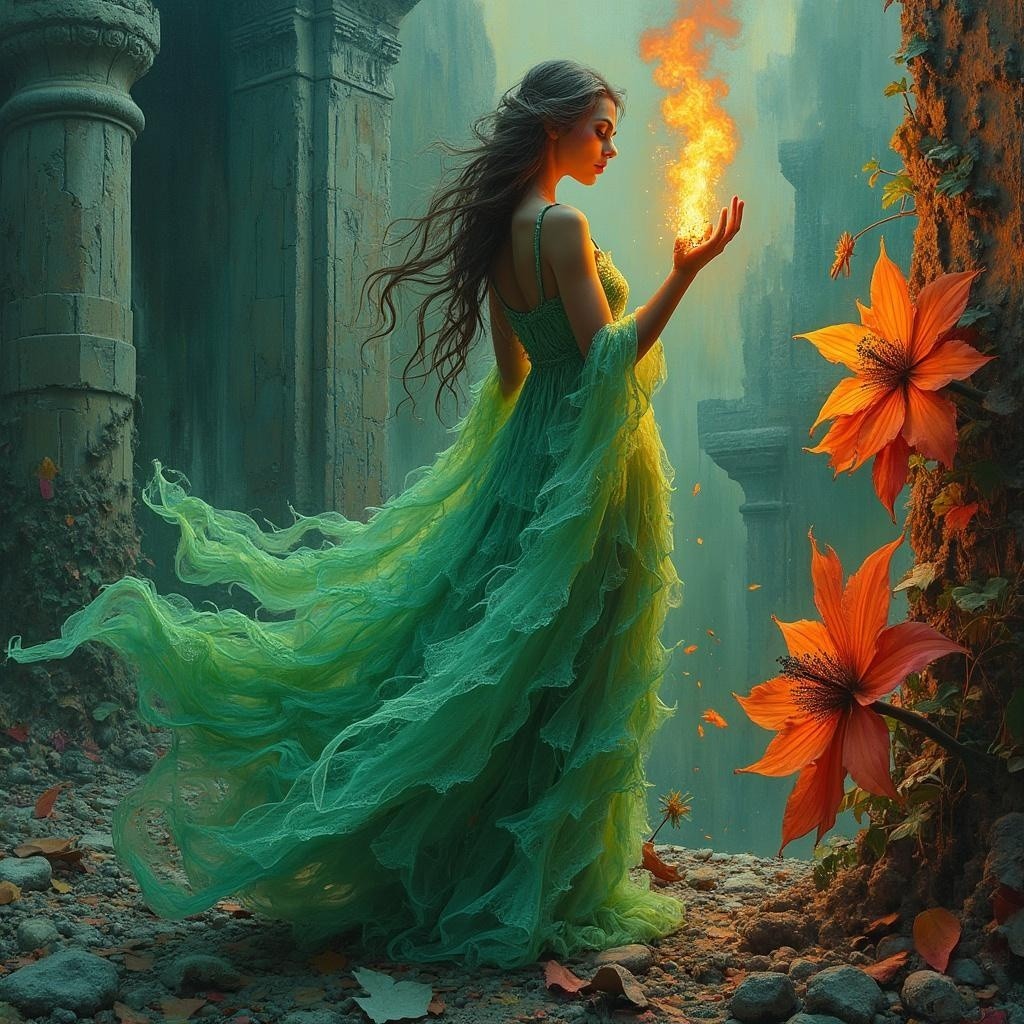 Mystical Figure in Green Gown in Enchanted Ruins