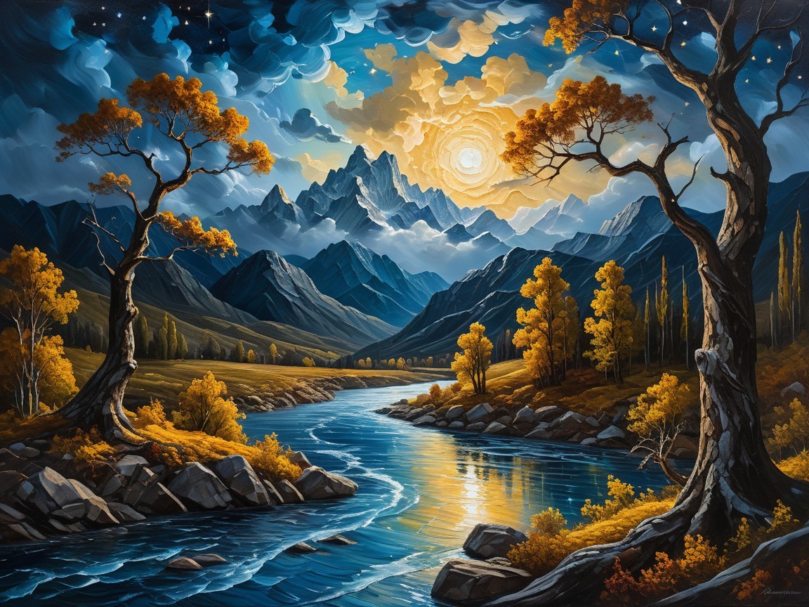 Serene River in Autumn Mountains at Sunset