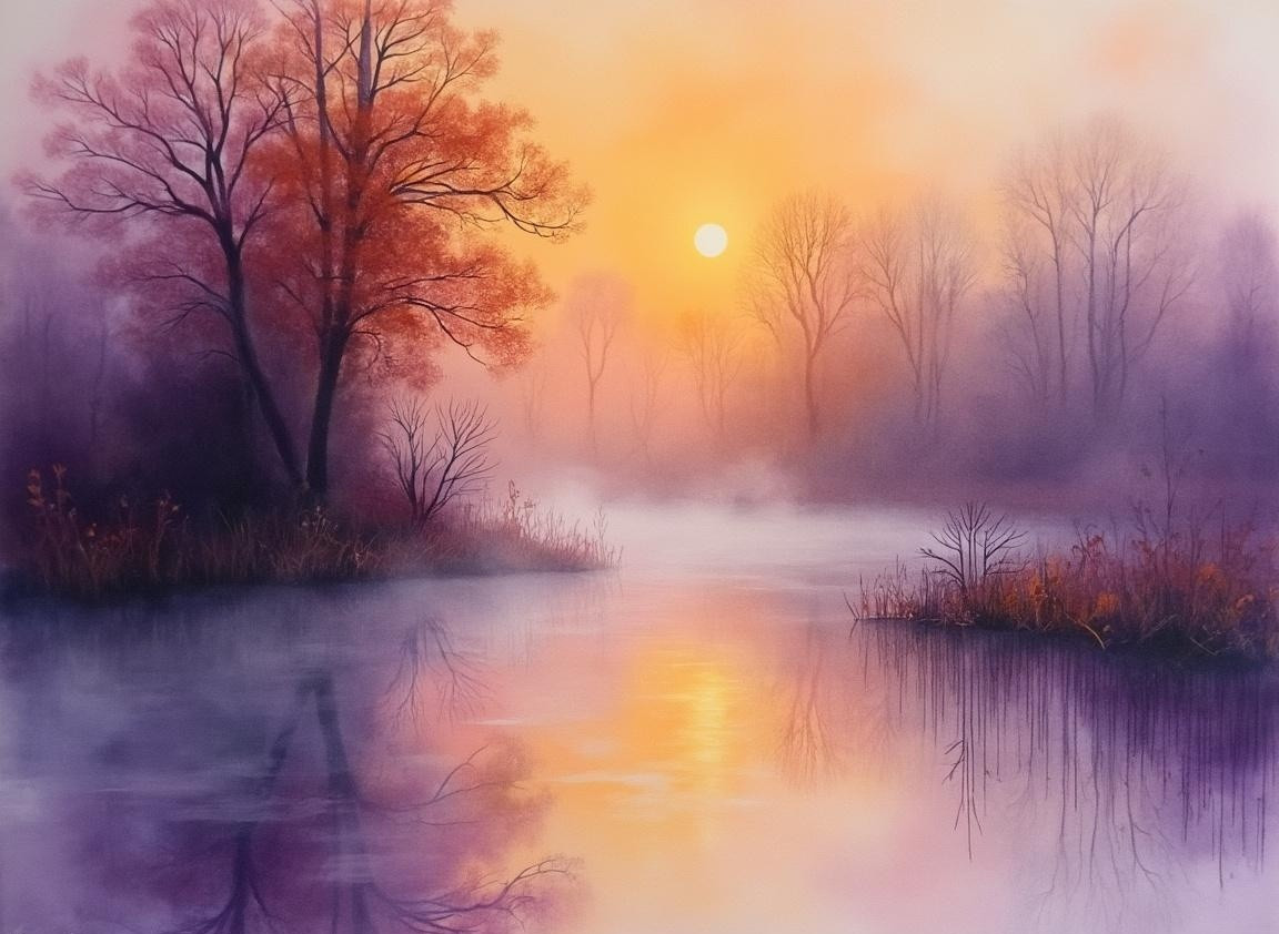 Tranquil River Landscape at Sunrise with Mist