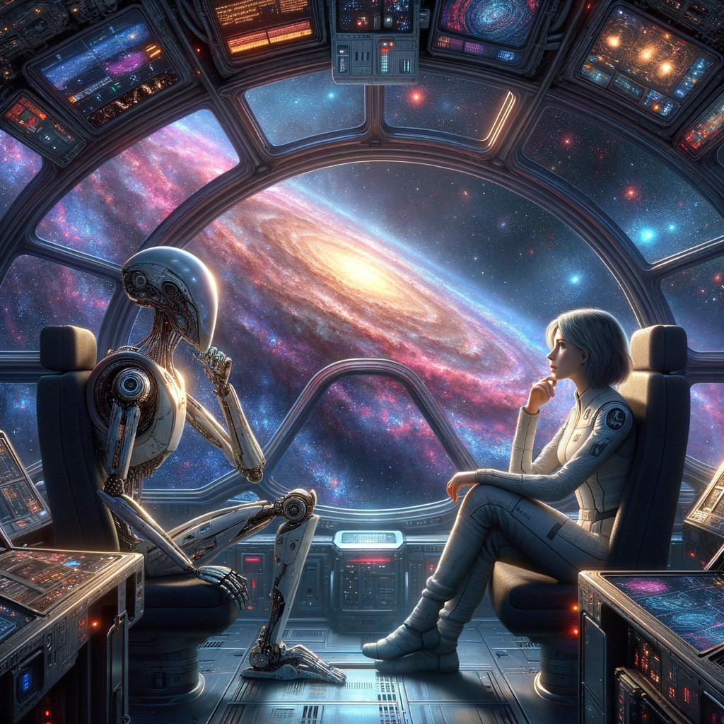 Futuristic spacecraft scene with robot and woman conversing