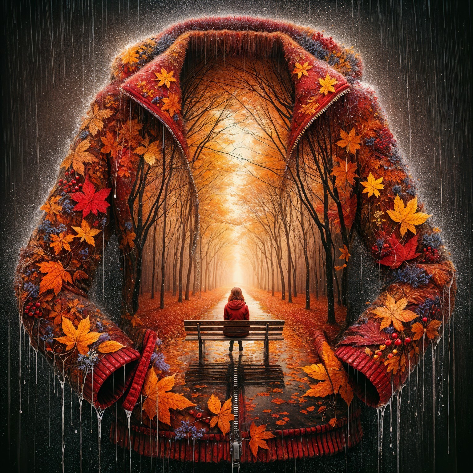 Jacket Filled with Autumn Leaves and Misty Pathway