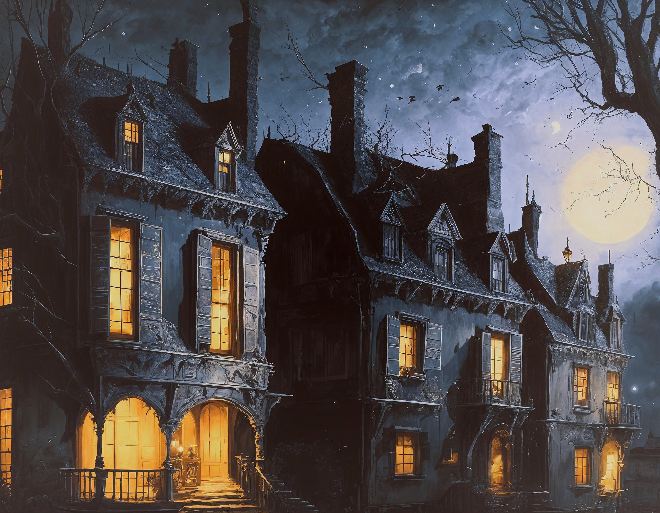 Eerie Vintage Mansion with Gothic Architecture and Moonlight