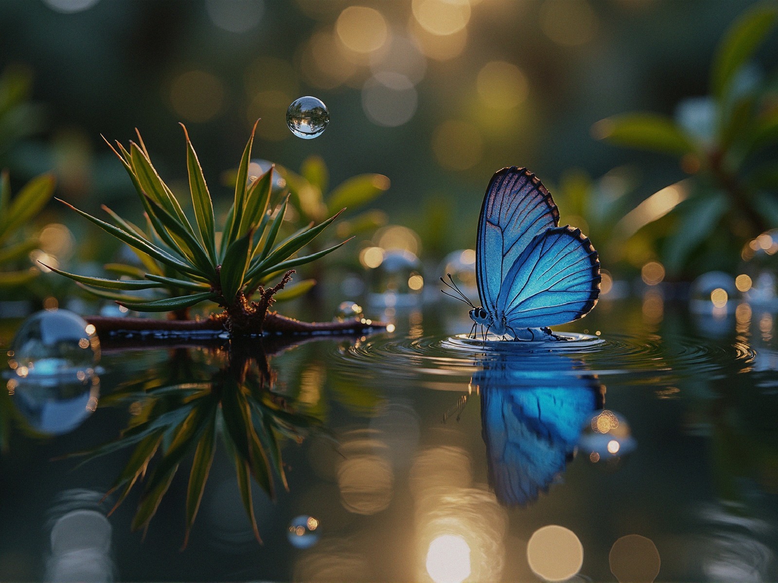 Blue Butterfly on Water with Ripples and Reflection