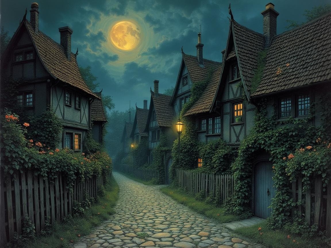 Moonlit village scene with ivy-covered cottages