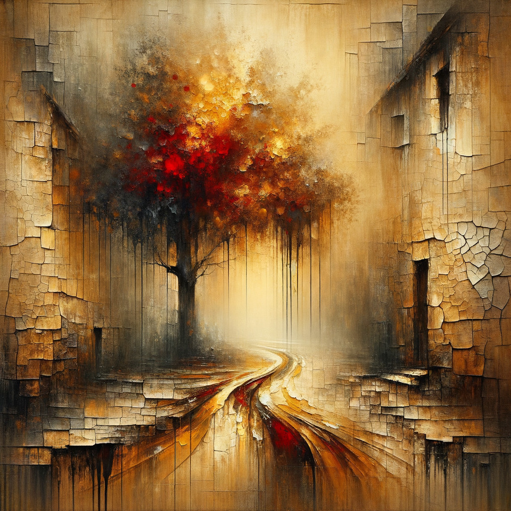 Serene landscape with winding path and vibrant tree