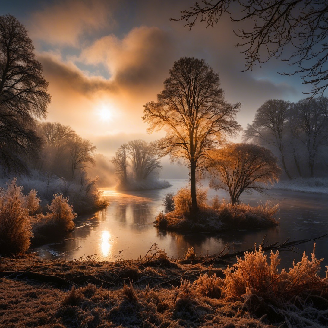 Wintry Sunrise Landscape Over a Frosty River Scene