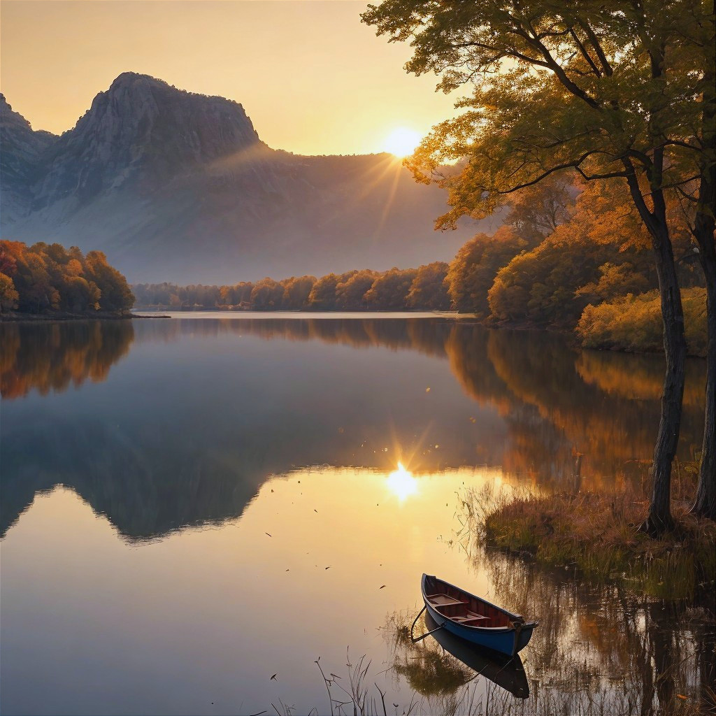Serene Dawn Landscape with Lake and Mountains