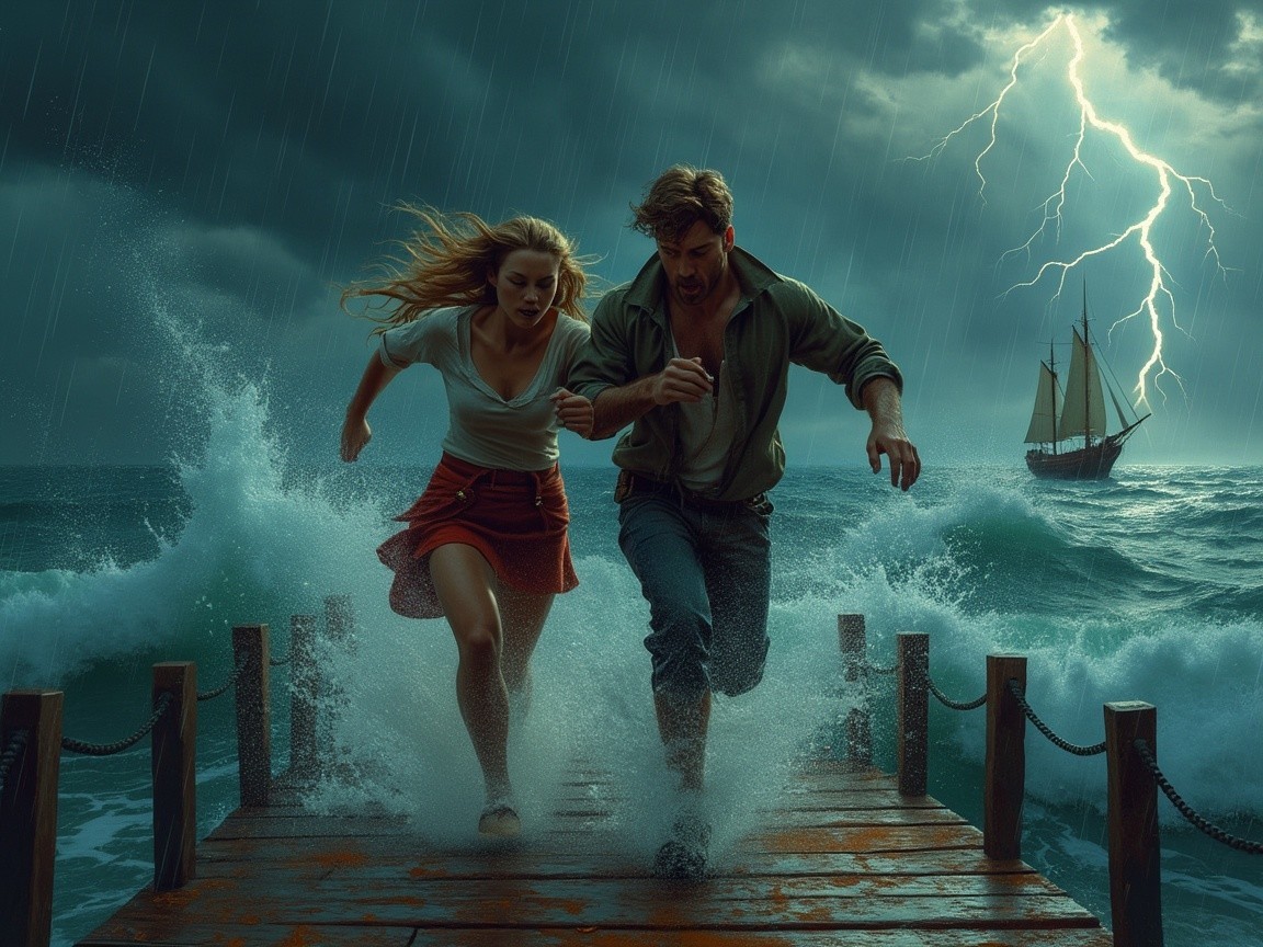 Dramatic Scene of Escape on a Stormy Pier