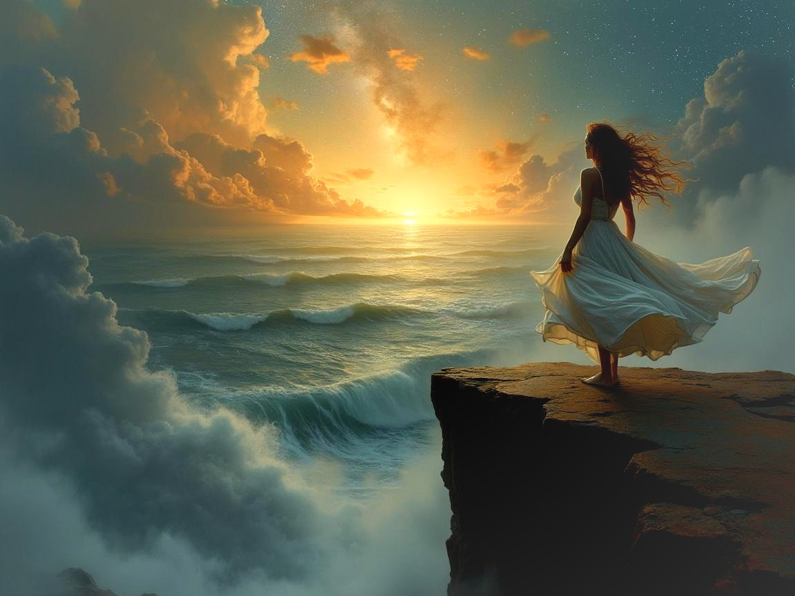 Woman in White Dress at Sunset Over Ocean Waves
