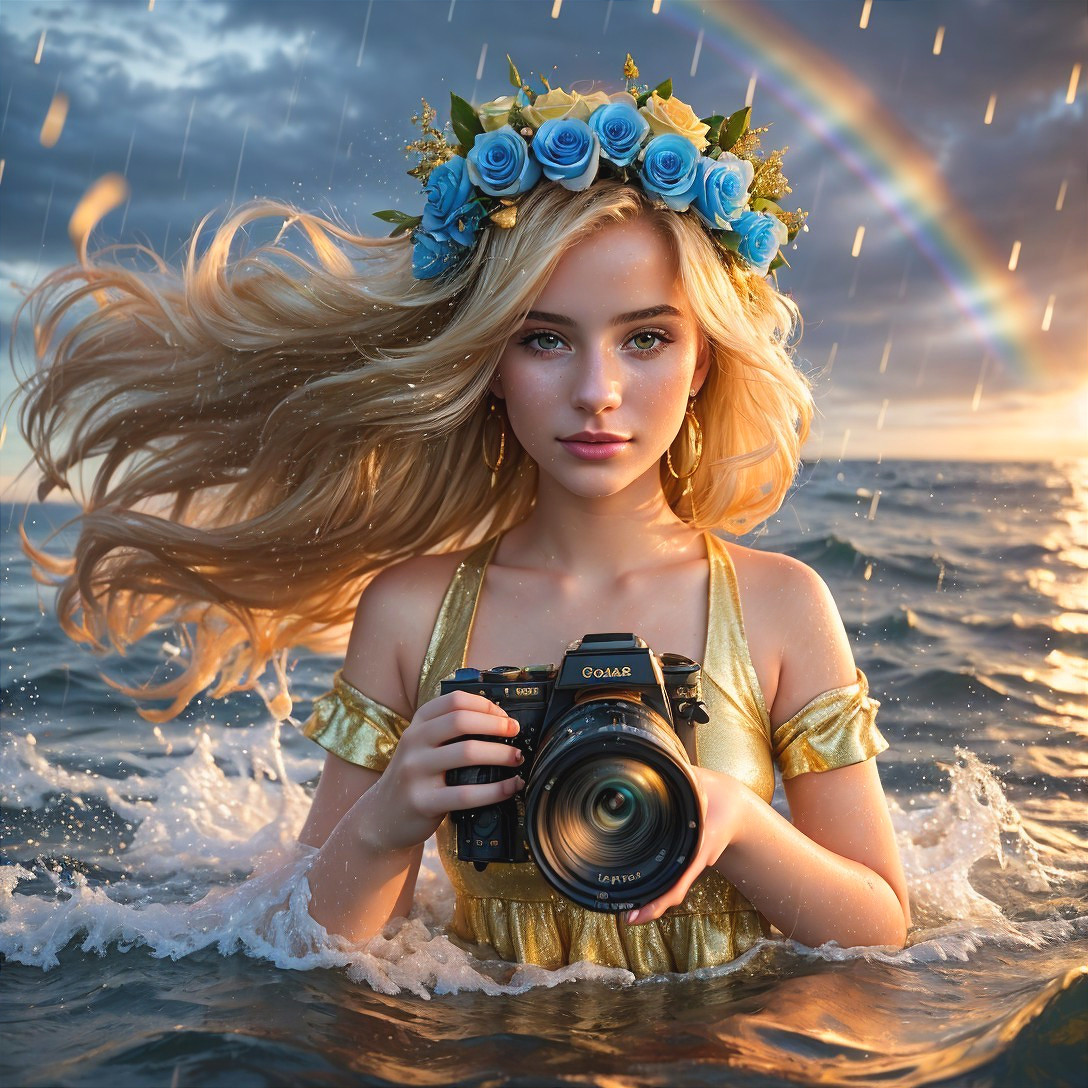 Young woman in ocean with camera and blue rose crown