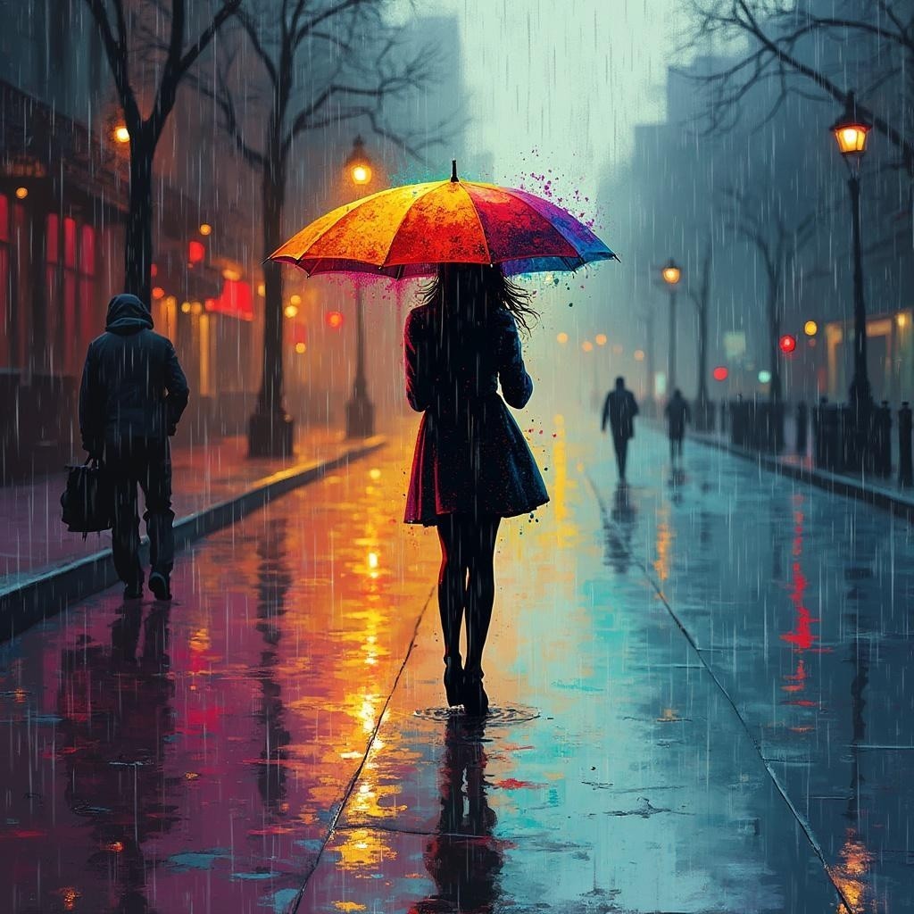 Lone Figure with Colorful Umbrella on Rainy Street