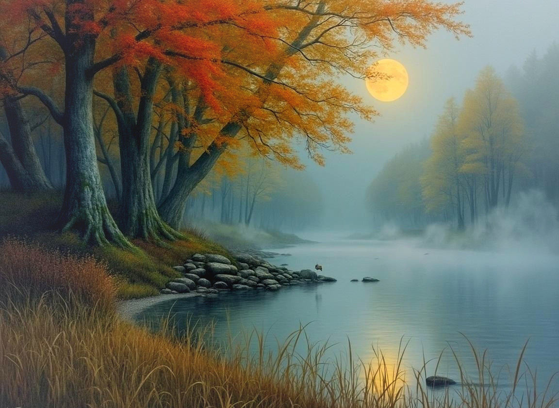 Tranquil Autumn Landscape with Vibrant Foliage and River