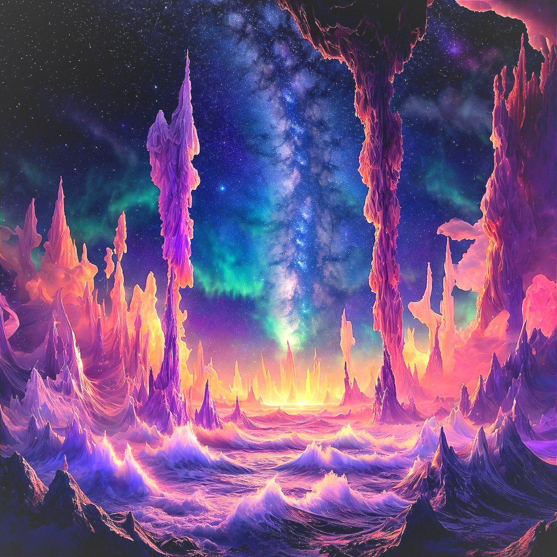 Surreal Landscape with Crystalline Formations and Ocean