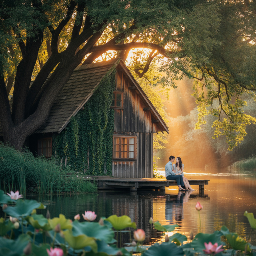 Romantic Lakeside Cottage with Young Couple at Sunset
