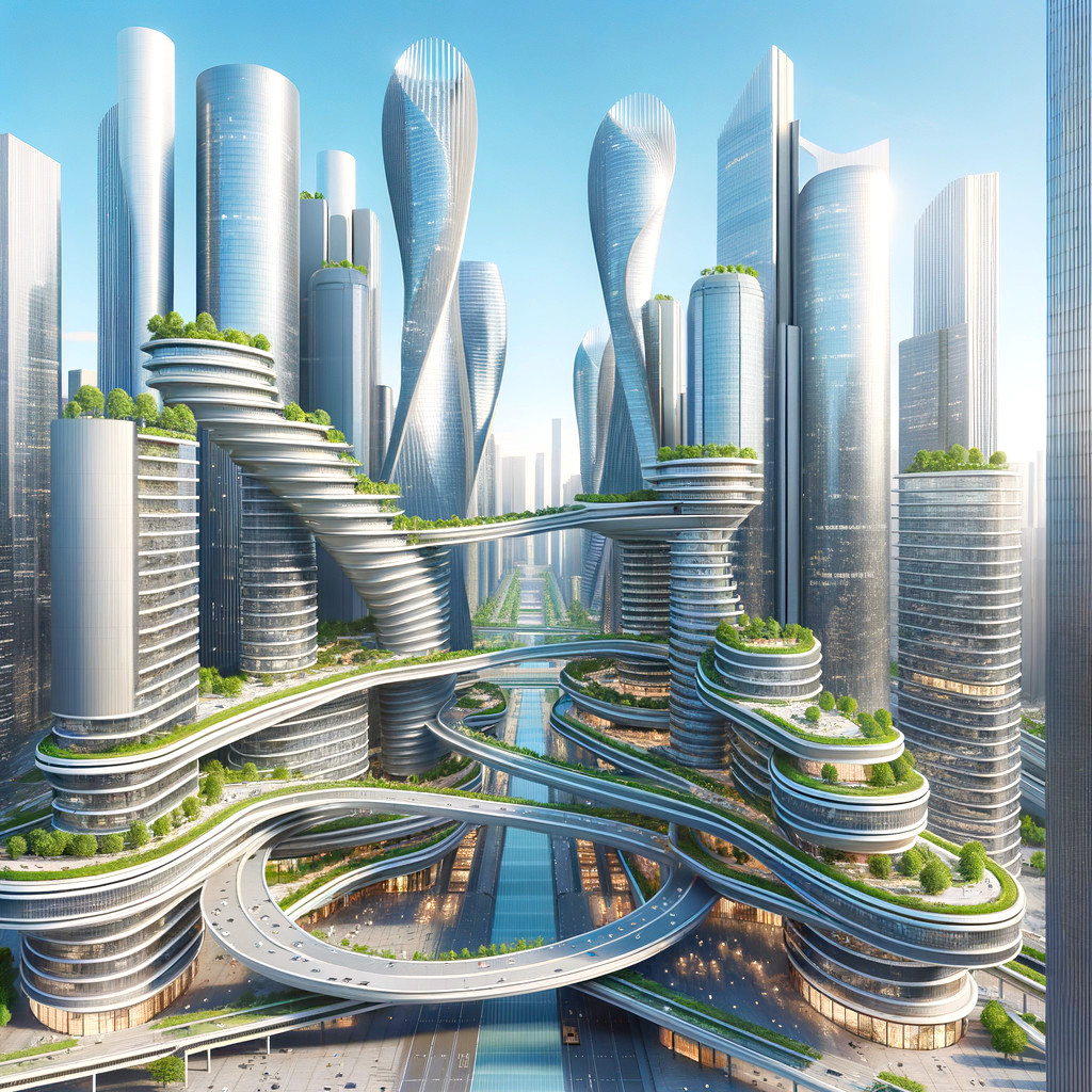 Futuristic cityscape with skyscrapers and greenery
