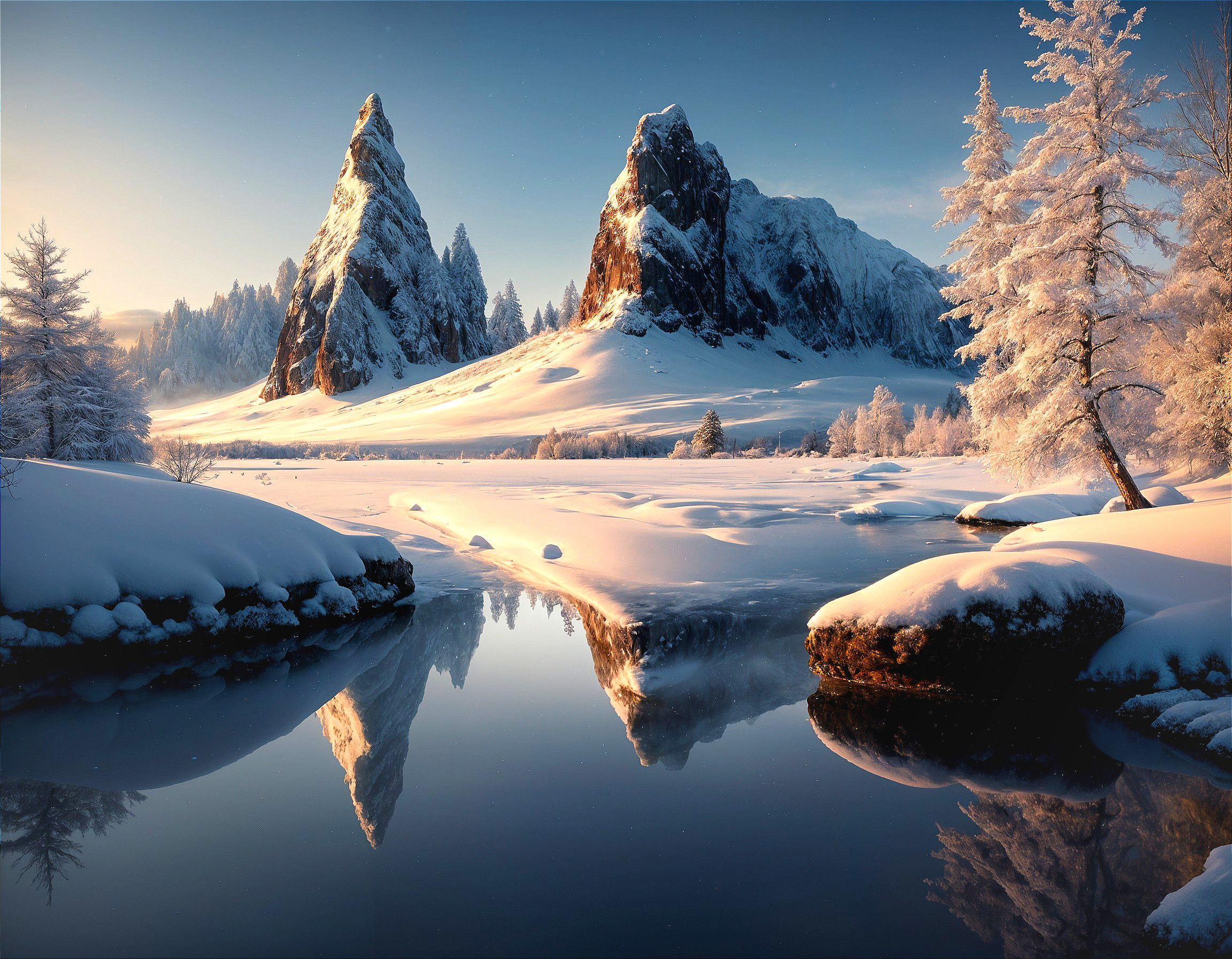 Serene Winter Landscape with Snowy Mountains and Lake