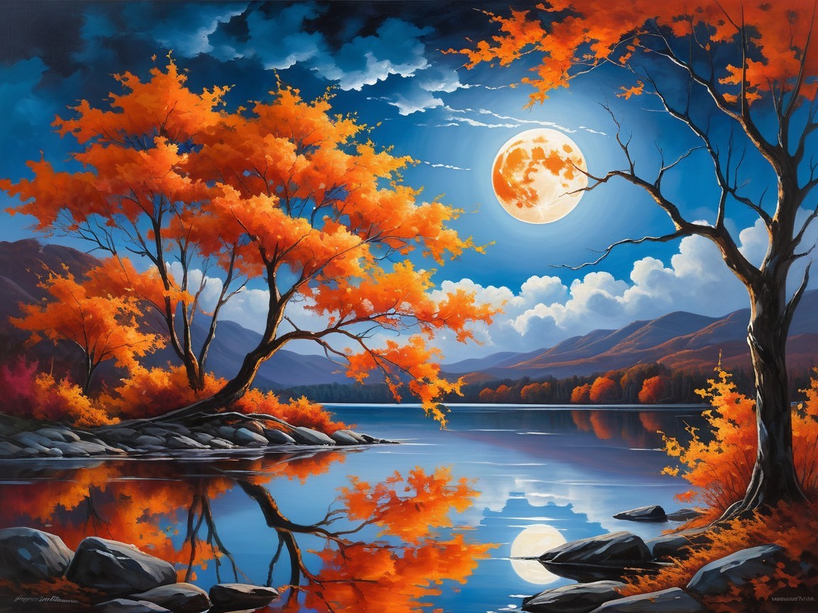Vibrant Autumn Landscape with Moonlit Lake and Mountains