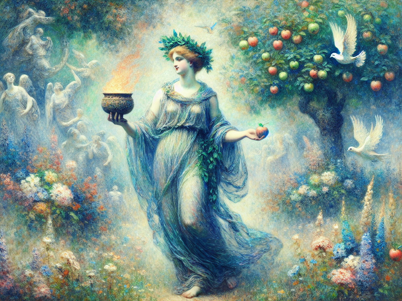 Serene figure in flowing robes in a lush garden