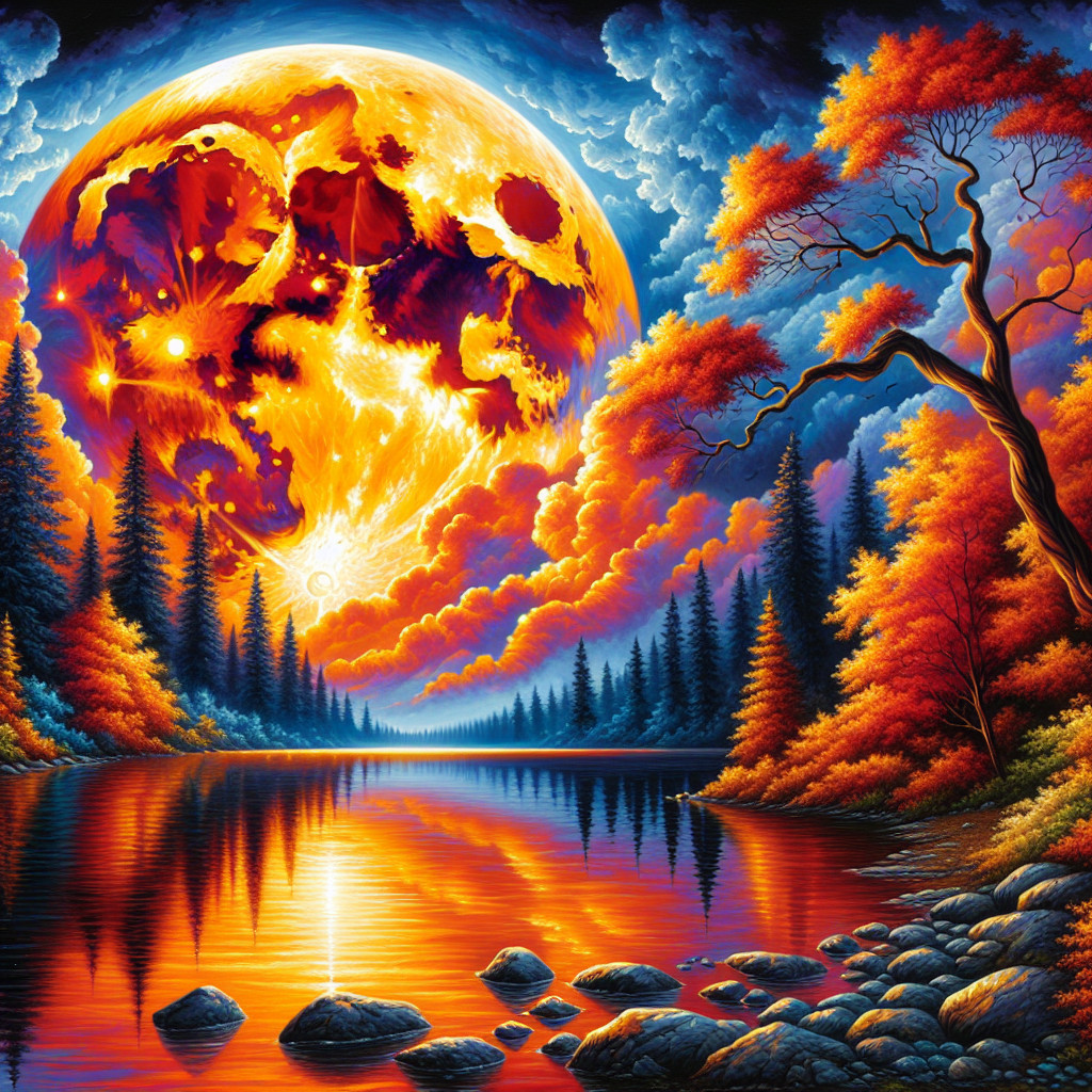Vibrant landscape with river and fiery orange moon