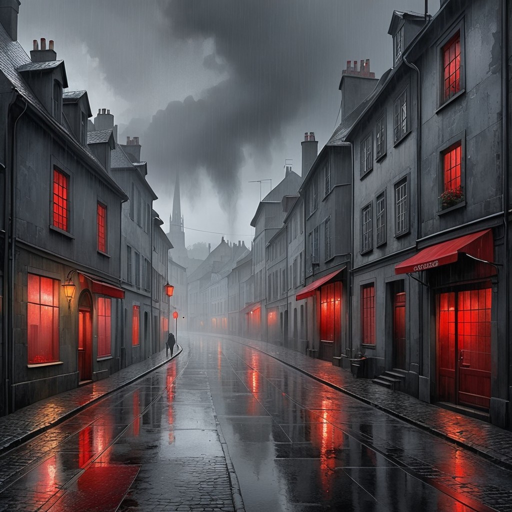 Moody Street Scene with Rain-Slicked Cobblestones