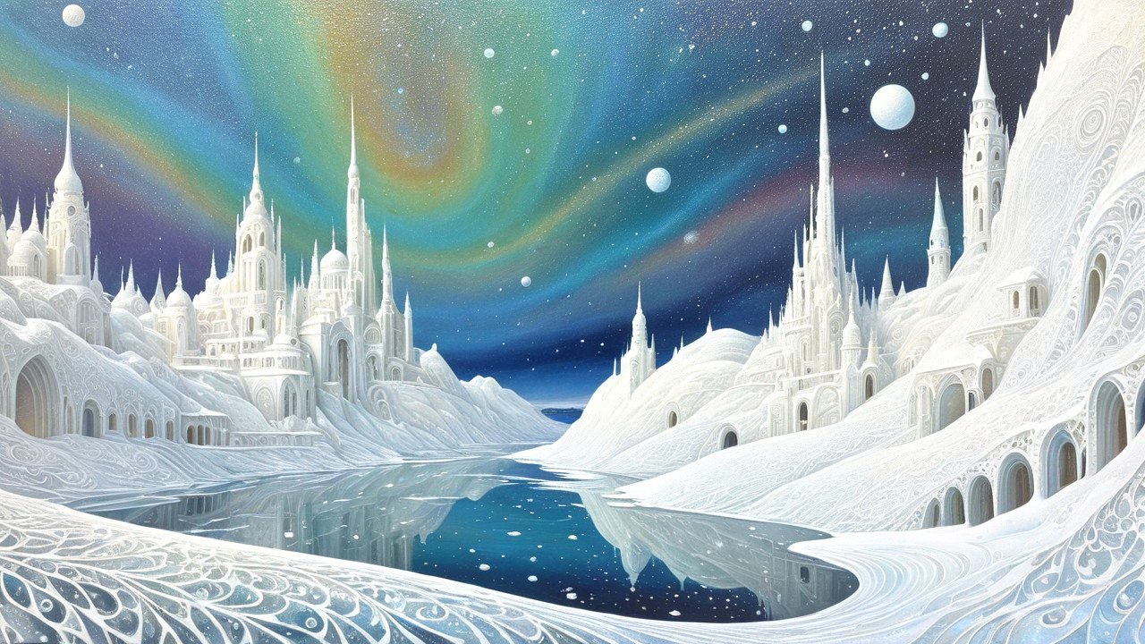 Serene winter landscape with ice-like castles and auroras