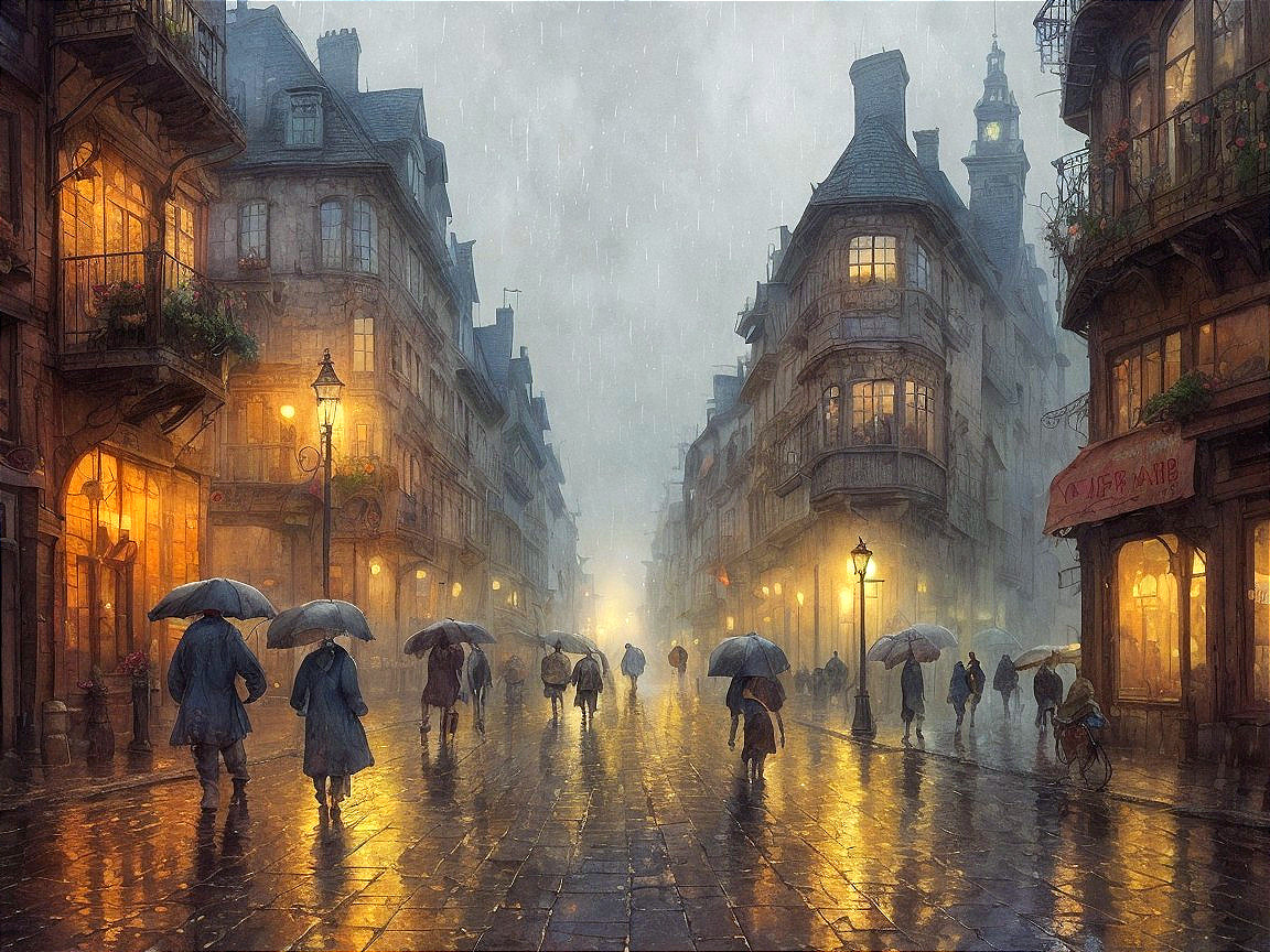 Rainy Evening in a European City with Umbrellas